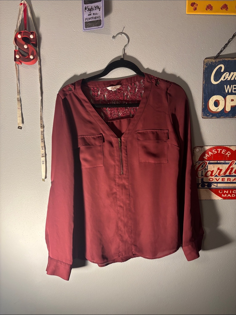 Candie's Burgundy Long-Sleeve Zip Front Blouse